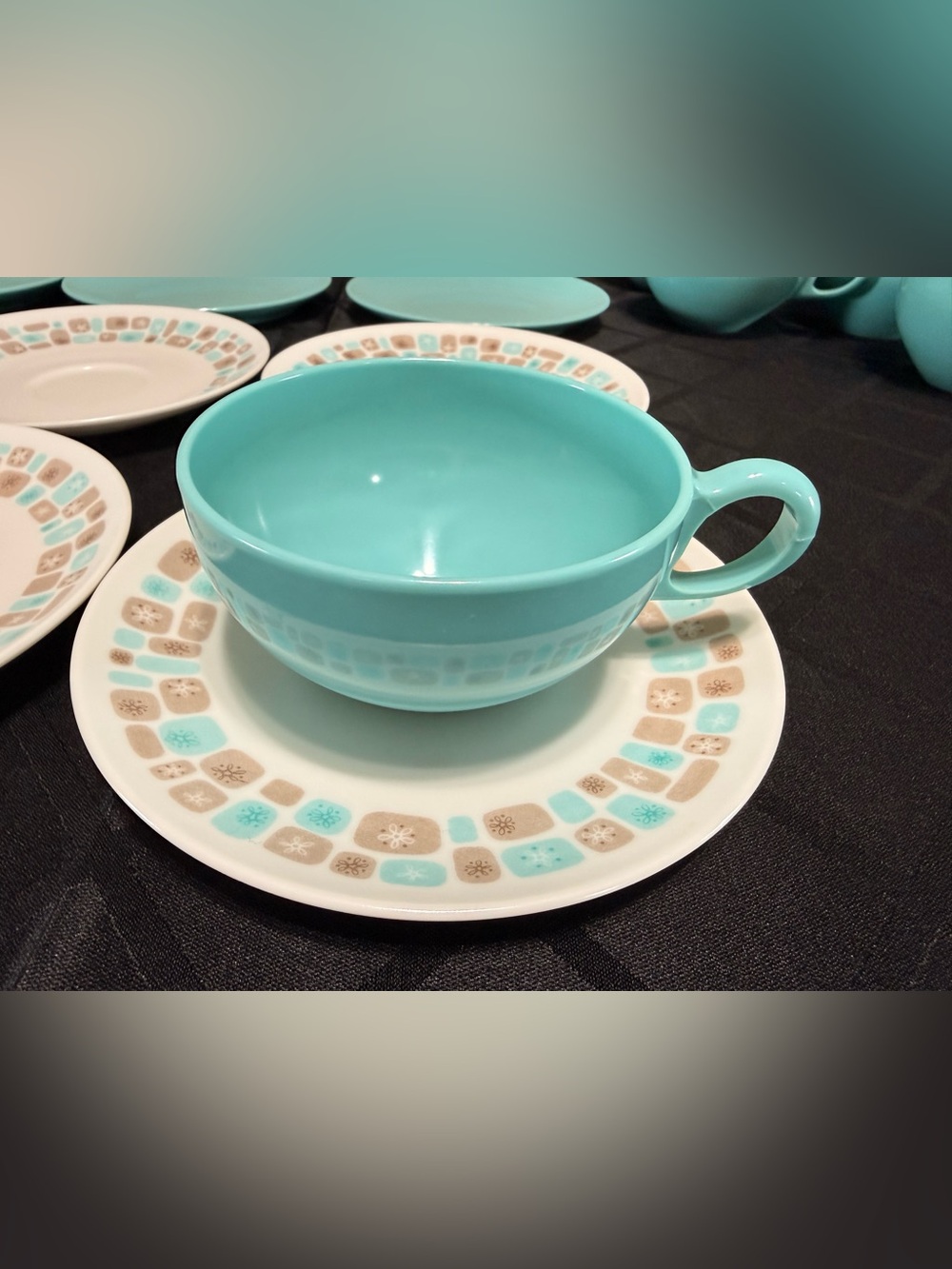 VTG MCM Oneida Deluxe Melamine Turquoise & Rare Atomic Geometric Pattern Set